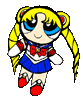 Two side-by-side pixel art depictions of a character with yellow pigtails, blue eyes, and a blue-and-white sailor-style outfit with red accents.