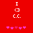 Red background with white pixelated text 'I <3 C.C.' and pink heart symbols; left side has five hearts, right side four.