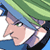 Pixelated anime-style character face with green hair and blue headband, cropped close-up showing partial facial features against a gradient background.