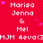 Red background with repeated white text 'Marisa Jenna & Mel' and 'MJM 4eva<3' surrounded by pink stars, with a gray rectangle in the bottom-right corner.