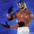 Two side-by-side figures with muscular builds against a blue background; one wears a mask and white shorts, the other has short dark hair and black wristbands.