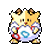 Pixelated character with yellow star-shaped head, brown ears, and white body holding circular blue-and-red symbol.