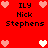 Red background with pixelated text 'ILY Nick Stephens' and heart symbols in pink and white, arranged in a pattern with animated heart color changes