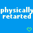 Blue background with white pixelated text reading "physically restarted" repeated twice, two green heart symbols at bottom center and right.