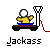 Pixel art animation of a yellow-shirted figure on a black platform with white poles, performing actions like sitting, standing, and falling while text below reads 'Jackass' in each frame.