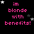 Pixelated text 'im blonde with benefits!' in pink on black background, surrounded by white and gray stars.