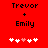 Red background with black text 'Trevor' above '+' and 'Emily', five white hearts below, one pink heart in the center.