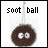 Pixelated icon shows a brown, round object with two white eyes and black pupils hanging from a thin line above text reading 'soot ball' in blocky font.