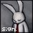 A 48x48 pixel animated contact sheet showing two frames of a white rabbit mascot with closed eyes, red tie, and gray background displaying the text "sigh."