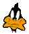 Pixelated cartoon duck head with orange beak, black topknot, white eyes on gray background showing two animation states.
