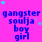 A static image with a bright pink background displays repeated text blocks in blue, each containing 'gangster', 'soulja', 'boy', and 'girl' stacked vertically, surrounded by small cyan and light purple stars.