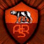 Two orange shield-shaped icons with wolf and 'AR' text, next to large white 'FORZA ROMA!' text on brown background.