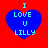 Four identical blue heart-shaped icons with cyan text on a red background, each displaying "I LOVE U LILLY" in pixelated font.