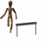 Animated contact sheet showing a wooden mannequin figure performing various actions around a table in seven sequential frames.