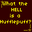 Yellow pixelated text on dark brown background repeats 'What the HELL is a Hufflepuff?' with small star icons below each phrase.