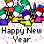 Pixelated graphic with colorful confetti dots and 'Happy New Year' text on gray background, featuring multiple cartoonish figures with varied hair colors and clothing shapes.