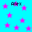A static image with a bright cyan background filled with scattered pink stars and the text "Alex" in black pixelated font at four positions.