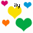 Pixelated heart-shaped icons in yellow, green, orange, pink, and blue with overlaid text 'ily', 'toby', and '10-5-07' on a white background.