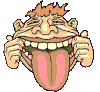 Pixelated cartoon character with orange spiky hair, wide eyes, and a large open mouth showing teeth and tongue in six