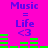 A bright pink background displays four identical with blue text reading "Music = Life <3" and green audio equalizer bars that change