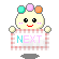 Pixelated character with pastel hair holds checkered sign reading NEXT, alternating between open and closed eyes.