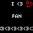 Pixelated text and symbols on black background with red heart animation, showing 'I <3' above 'FAN' in two side-by-side