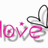 Pixelated graphic with pink text and a stylized 'love' design featuring butterfly wings on white background.