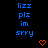 Blue text 'lizz plz im srry' repeated three times with orange pixel hearts on black background, one heart per text block.