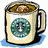Pixelated coffee cup with green circular logo, frothy beverage, and golden 'coffee' text below; right side shows partial cup and dessert on white background.