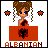 Pixel art of a character with brown braided hair, blue eyes, and an orange dress behind an orange desk with a black emblem; text below reads ALBANIAN.