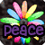 A pixelated image with a black cat wearing a colorful flower crown, overlaid with purple text reading "peace to the" and white text reading "world!".