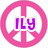 Pink peace sign icons with purple text overlays; one displays 'ILY', another shows 'PEACE' in pixelated font.