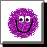 Purple pixelated circular shape with white eyes and black smile on left; same shape with black mouth outline on right.