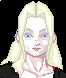 Pixelated avatar with blonde hair and blue eyes, showing two sequential states: first state has white top with black outer layer; second state shows light blue collar detail.