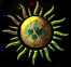 Animated sun-shaped icon with green leafy rays and a central circular area showing changing patterns against a dark background.