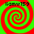 Four identical spiral patterns in red and green with black text 'liamw159' at each corner, arranged in a on a solid green background