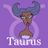 A 6-frame animated contact sheet of a Taurus zodiac icon featuring a cartoon woman with bull horns, displayed on a purple background with the word "Taurus" below each frame.