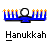 A 3x3 grid of animated Hanukkah menorah icons with blue candle holders, white candles, and yellow-orange flames, each labeled "Hanukkah" below in pixelated text.