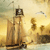 A static pixelated image depicts a sailboat with brown sails and a dark hull on calm water under a yellowish sky with faint clouds.