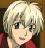 Pixelated anime-style character with short white hair, dark eyes, and a neutral expression wearing a red garment against a brown background.