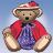 Static pixelated teddy bear icon with red cape, purple dress, and straw hat against blue gradient background.