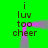 Green background with repeated text 'i luv too cheer' in dark brown, animated purple light beams forming a looped path across the image.