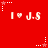 Red background with repeated white text 'I ♥ J.S' and star-shaped pixel patterns in static arrangement.