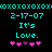 Cyan pixelated text and symbols on black background with pink heart variations, showing date and phrase 'It's Love.'
