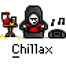 Pixel art animation featuring a hooded figure with red shirt and white face, alternating between two states: one where the figure sits next to a table with drinks and another where it sits next to musical notes, all on gray background with "Chillax" text below.