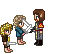 Pixel art animation of two characters interacting with a sword, showing actions like drawing the blade, striking, and reacting to pain or apology.