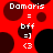 Red background with dark red and black circular shapes, white text reading "Damaris = bff =] <3" in four quadrants.