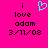 A bright pink background displays black pixelated text reading "i love adam 3/11/08" with a cyan heart symbol above the word "love" in one view, and without the heart symbol in another.