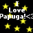 Black background with yellow stars and repeated white text reading "I Love Papuga! <Papuga!<3" in pixelated font.