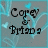 Pixelated text 'Core & Brad?' on a gray background with cyan and light blue pixelated patterns.